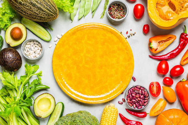 Food Frame. Fresh Vegetables and Yellow Ceramic Plate. Menu design. Copy spice - Fotografie, Obrázek