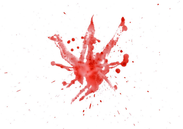 Nahaufnahme Tropfen roten Blutes isoliert auf weißem Hintergrund, abstraktes Muster - Foto, Bild