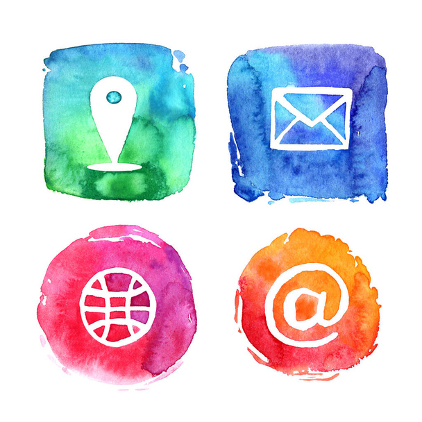 Iconos pictograma teléfono social llamada carta e-mail messenger blot mancha multicolor set acuarela pintura - Foto, imagen