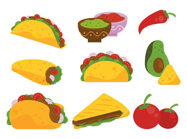 Празднование дня тако мексиканский плакат с тако и овощи шаблон - Вектор,изображение