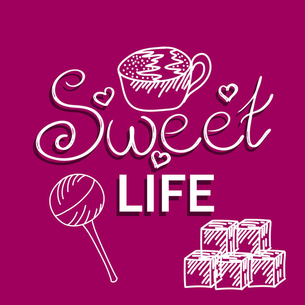 Die Aufschrift "Sweet Life" mit Cupcake, Bonbons und Lollipop ist isoliert. Weiße Umrisse auf farbigem Hintergrund. Vektorillustration in einem einfachen handgezeichneten Stil. Das Logo auf den Karten mit dem Schriftzug. - Vektor, Bild
