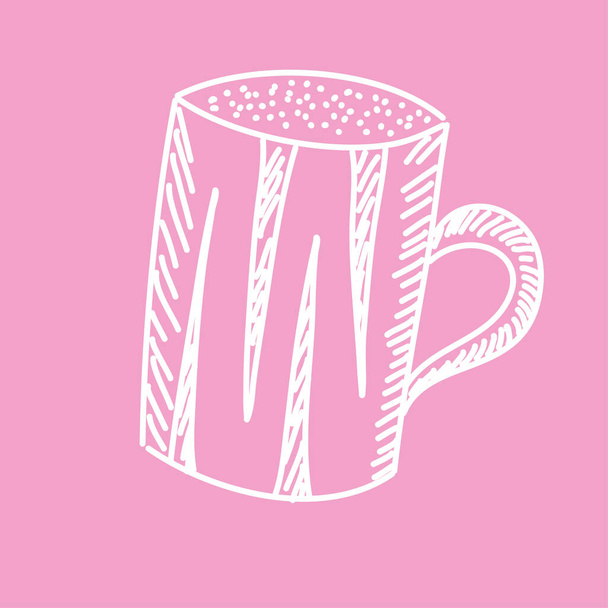 Чашка для чая или кофе с белым контуром на цветном фоне. Векторная иллюстрация в простом ручном стиле. Предметы для украшения открыток и эмблем. - Вектор,изображение