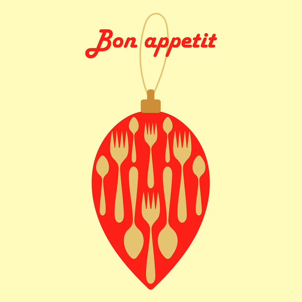 Bon appetit, text . Christmas tree toy in the shape of a cone is decorated with silhouettes of Cutlery. The concept of a holiday, design for restaurant, cafe - Vector, Image
