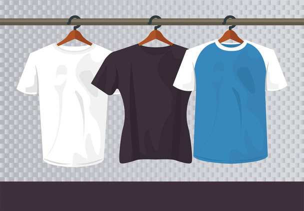 tre camicie mockup in mollette appese - Vettoriali, immagini