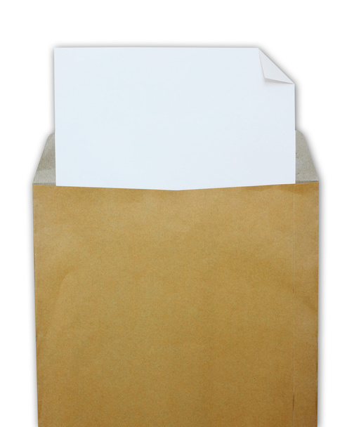 Opened brown envelope with white paper on white background - Photo, image