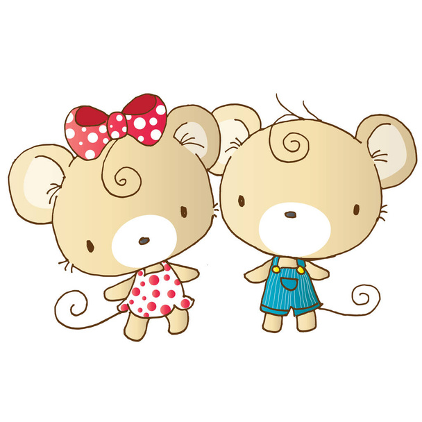 cartoon beautiful little boy and girl mouses in love isolated on white background, romantic concept  - Vektör, Görsel