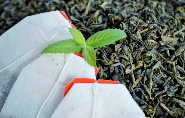 Çay poşetleri ve taze nane yaprakları ahşap bir arka planda bir çay yığınının üzerinde yatıyor. - Fotoğraf, Görsel