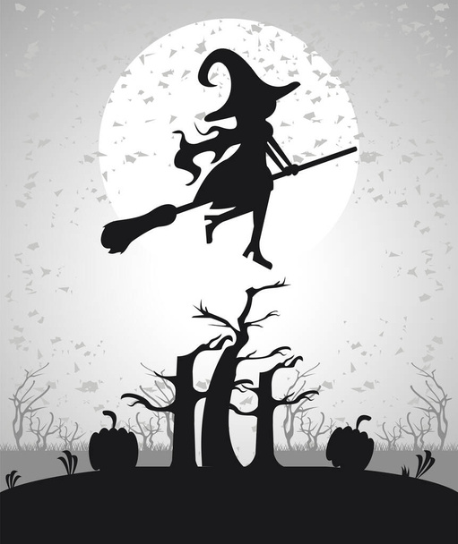 fröhliche Halloween-Feier Karte mit Hexe fliegen in der Nacht - Vektor, Bild