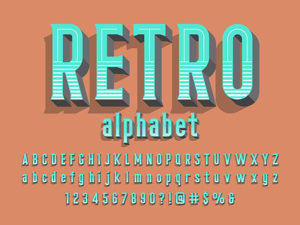 Design de alfabeto estilo vintage 3D com letras maiúsculas, minúsculas, números e símbolos - Vetor, Imagem