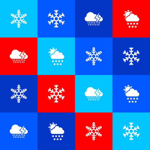 Set Snowflake,, Cloud with rain and lightning and snow sun icon. Вектор. - Вектор,изображение