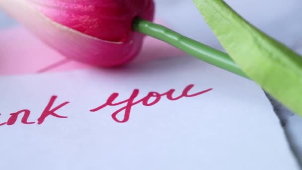 messaggio di ringraziamento su nota adesiva con fiore di tulipano su sfondo rosa  - Filmati, video