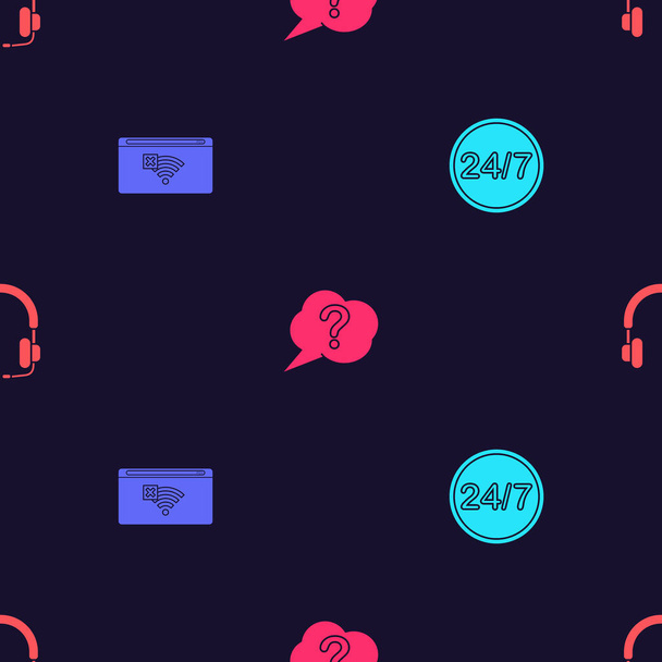 Set Clock 24 hours, No Internet connection, Speech bubble Question and Headphones on seamless pattern. Vector. - Vector, Image
