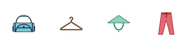 Set Sport bag, Hanger wardrobe, Asian conical hat and Pants icon. Vector. - Vector, Image