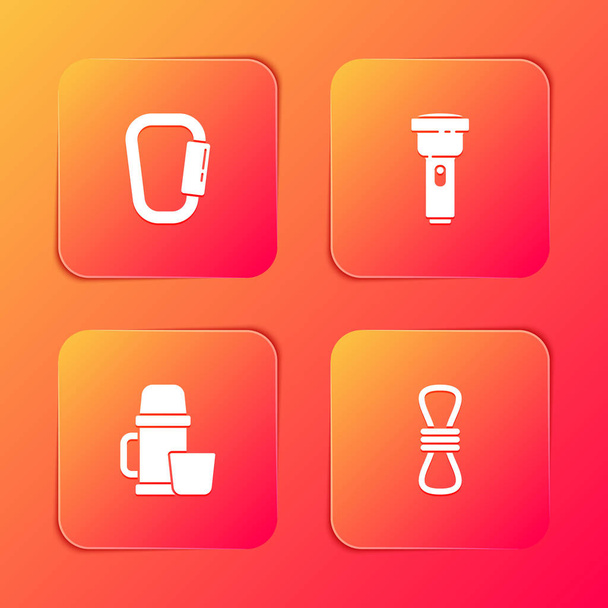Set Carabiner, Flashlight, Thermos container and cup and Climber rope icon. Vector. - Vector, Image