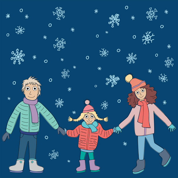 Зимняя вечерняя прогулка. Идёт снег. Отец в сине-зеленой куртке и фиолетовом шарфе, мама в розовом пальто и шляпе с помпоном, дочь в красной куртке и розовая шляпа с помпоном. - Вектор,изображение