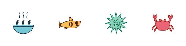 Set Soup with shrimps, Shark, Sea urchin and Crab icon. Vector. - Vector, Image