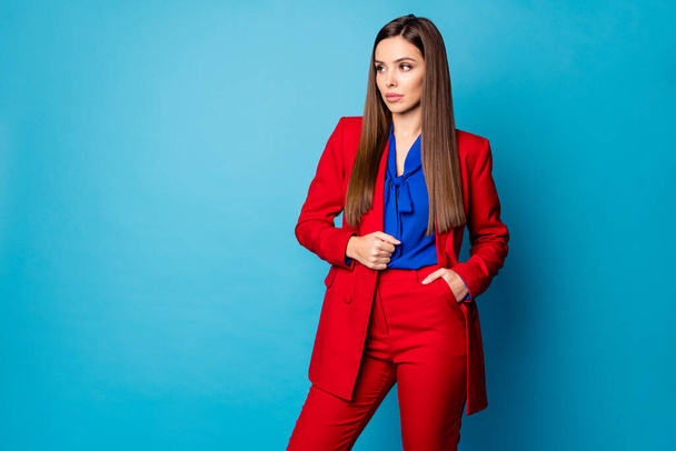 Portrait of her she nice-looking attractive lovely pretty elegant fashionable content lady posing wearing expensive new suit isolated over bright vivid shine vibrant blue color background - Fotografie, Obrázek