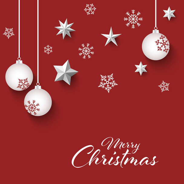 Christmas card with white balls and snowflakes in red design vector eps 10 - Vecteur, image