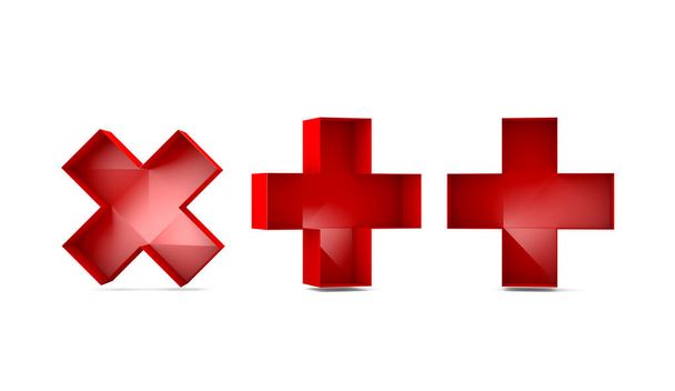3Dレンダリング、赤い十字のセットまたは異なる側でモックアップ、サインやシンボルオブジェクトのアイデアデザイン、光沢のある反射テクスチャ、白い背景に隔離された. - 写真・画像
