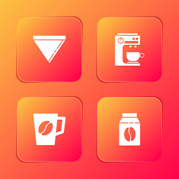 Set Coffee paper filter, machine, cup and Bag coffee beans icon. Vector. - Διάνυσμα, εικόνα