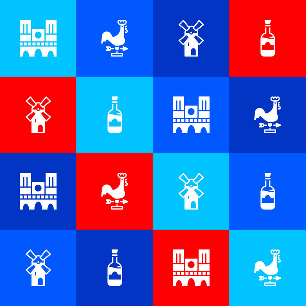 Set Notre Dame, Rooster weather vane, Windmill and Bottles of wine icon. Vector. - Vector, Image