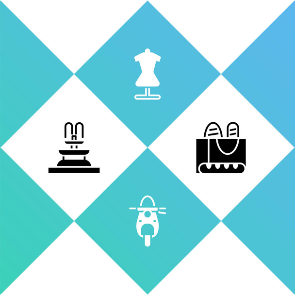 Set Fountain, Scooter, Mannequin and French baguette bread icon. Vector. - Vector, Image