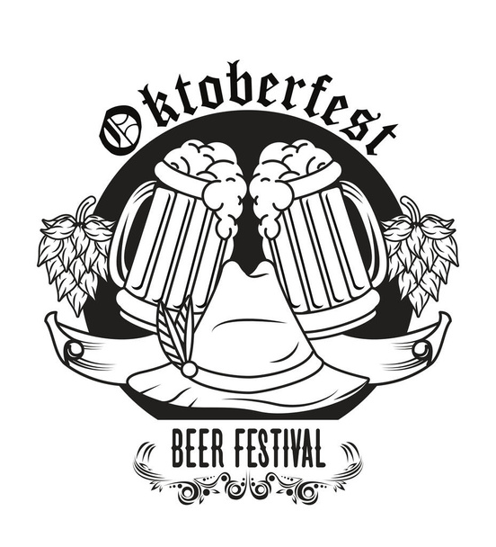 festival de celebración oktoberfest con sombrero tirolés y tarros de cervezas dibujo - Vector, imagen