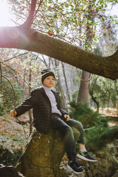 niño sentado en la roca en el parque de otoño de la ciudad. posando para la foto. naturaleza - Foto, Imagen