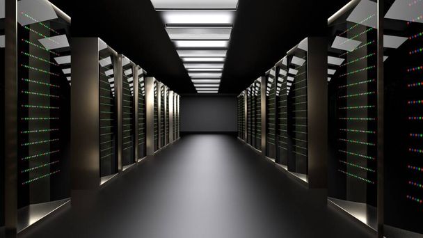 Serverové regály v cloudovém datovém centru serverové místnosti. Hardwarový cluster datového centra. Zálohování, hosting, mainframe, těžba, farmy a počítačové regály s informacemi o skladování. 3D vykreslování. 3D ilustrace - Fotografie, Obrázek