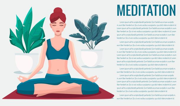 Donna seduta in posizione di loto che pratica la meditazione. Yoga ragazza vettoriale illustrazione. - Vettoriali, immagini
