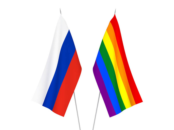ロシアの国旗とレインボーゲイの誇りは白地に隔離されている。3Dレンダリング図. - 写真・画像