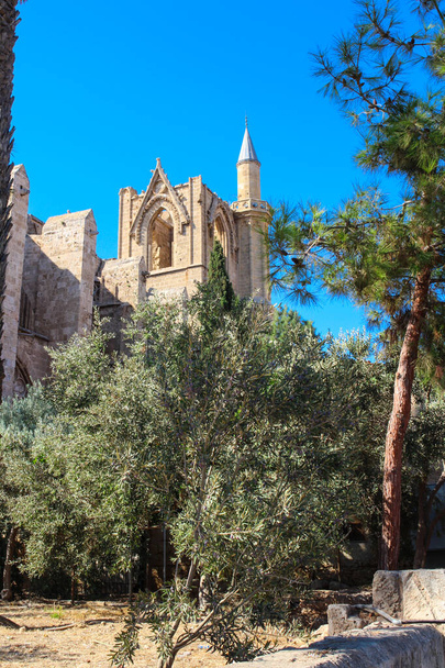 Pohled přes stromy mešity Lala Mustafa Paša (bývalá katedrála sv. Mikuláše) proti modré obloze. Famagusta. Kypr. - Fotografie, Obrázek