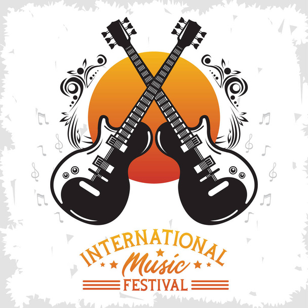 internationale muziekfestival poster met elektrische gitaren en belettering - Vector, afbeelding
