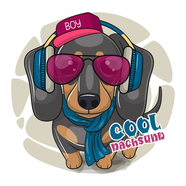 bonito desenho animado dachshund com fone de ouvido - Vetor, Imagem