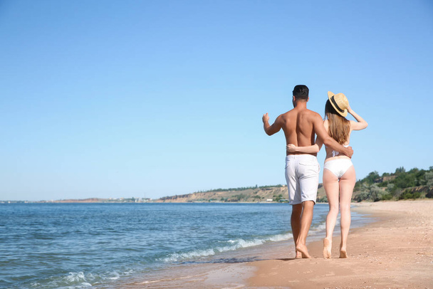 Woman in bikini and her boyfriend on beach, back view with space for text. Lovely couple - Foto, afbeelding