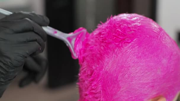 Coiffeur teint les cheveux des femmes rose. Salon de coiffure pendant l'épidémie. LGBT - Séquence, vidéo