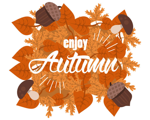 enjoy autumn lettering with leafs and nuts poster - Vector, Image