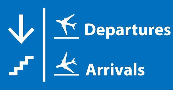 Painel de informações sobre a direção de chegadas e partidas e escadas no aeroporto - Vetor, Imagem