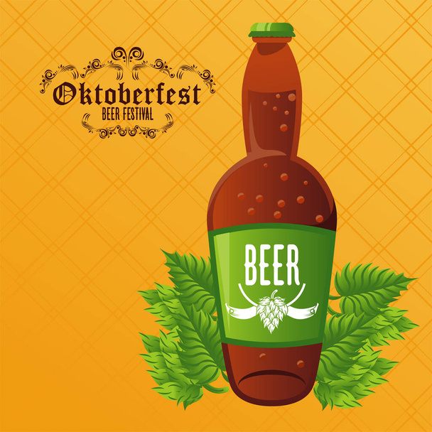 plakát na slavnostní oslavu oktoberfestu s pivní lahví a listy - Vektor, obrázek