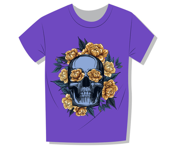 Print design for t shirt or halloween theme party poster, metal skull with golden rose flower wreath, creative design illustration - Vecteur, image
