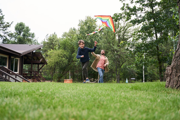 Happy father and son playing with kite outdoors - 写真・画像