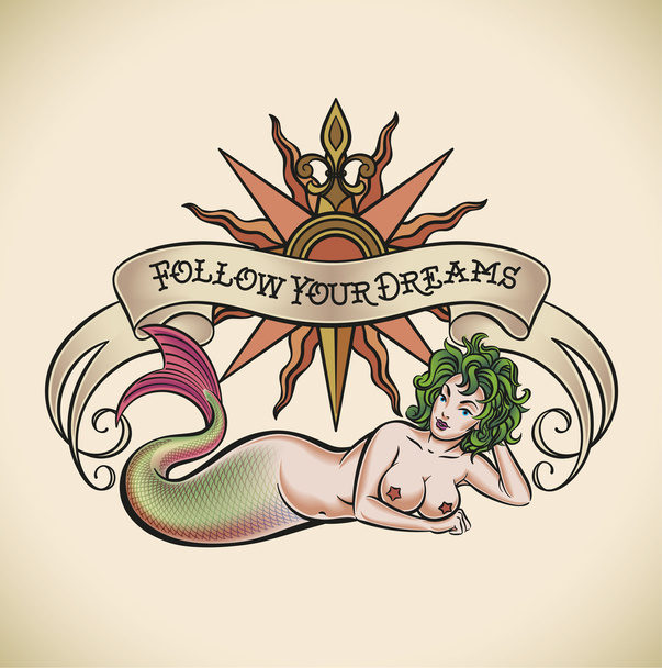 Meerjungfrau mit grünem Haar - folge deinen Träumen - Vektor, Bild