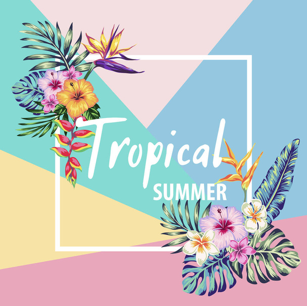 tropical flowers and palm leaves summer banner graphic background exotic floral invitation flyer. design template for poster, banner, - Vektori, kuva
