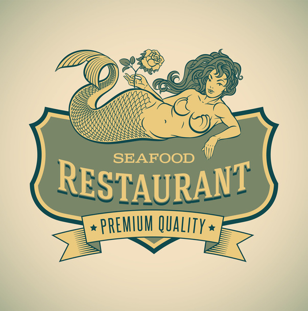 人魚のシーフード レストランのラベル - ベクター画像