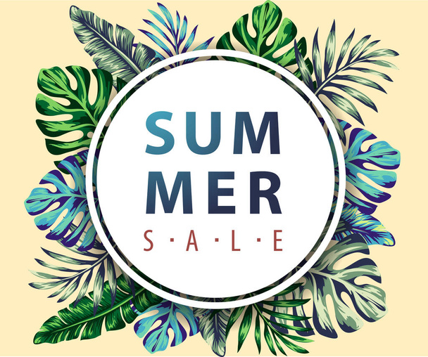 Vintage frame tropical flowers and palm leaves for social media posts, stories and photos, editable backgrounds collection. Summer sale poster - Vector, imagen