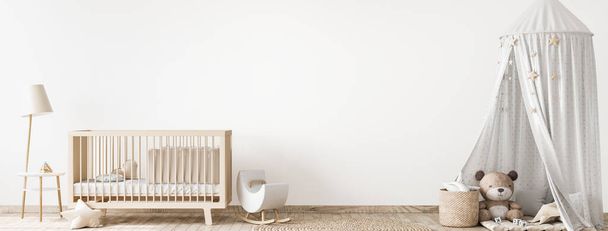 Diseño del dormitorio de los niños se burlan de muebles de madera natural unisex, panorama, 3d render - Foto, Imagen