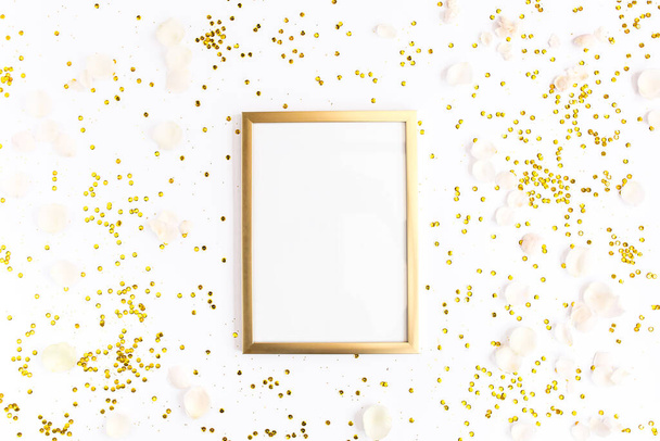 Photo frame mock up with space for text, golden confetti on white background. Lay Flat, top view. Valentines minimal background. - Foto, imagen