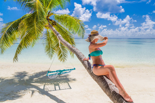 Tanned beautiful and sexy girl in a straw hat and glasses looking at summer beach view. Summer beach landscape, tropical sea with palm tree leaves. Relaxing woman on palm tree, enjoying summer mood, vibes. Exotic beach scenery, carefree and freedom - Photo, image