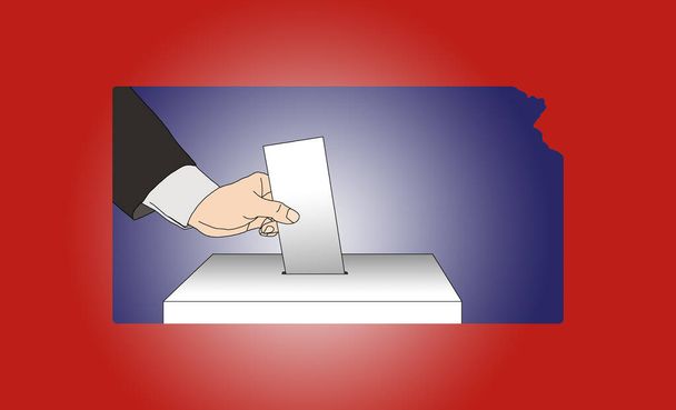 äänestäminen käsin äänestyskopissa, jossa on Kansasin osavaltion kartta - Valokuva, kuva