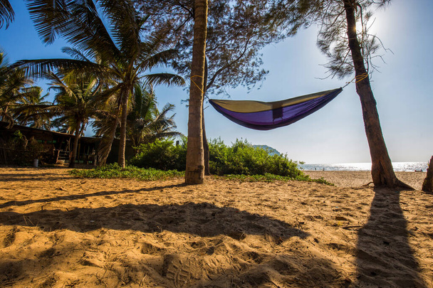 Amazing South Indian Scene: Hammock Between Palm Trees on the Beach - Sun Rays. People and Indian Ocean at far distance - Foto, imagen